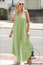Grass green sleeveless v neck pocketed wide leg jumpsuit - jumpsuits & rompers