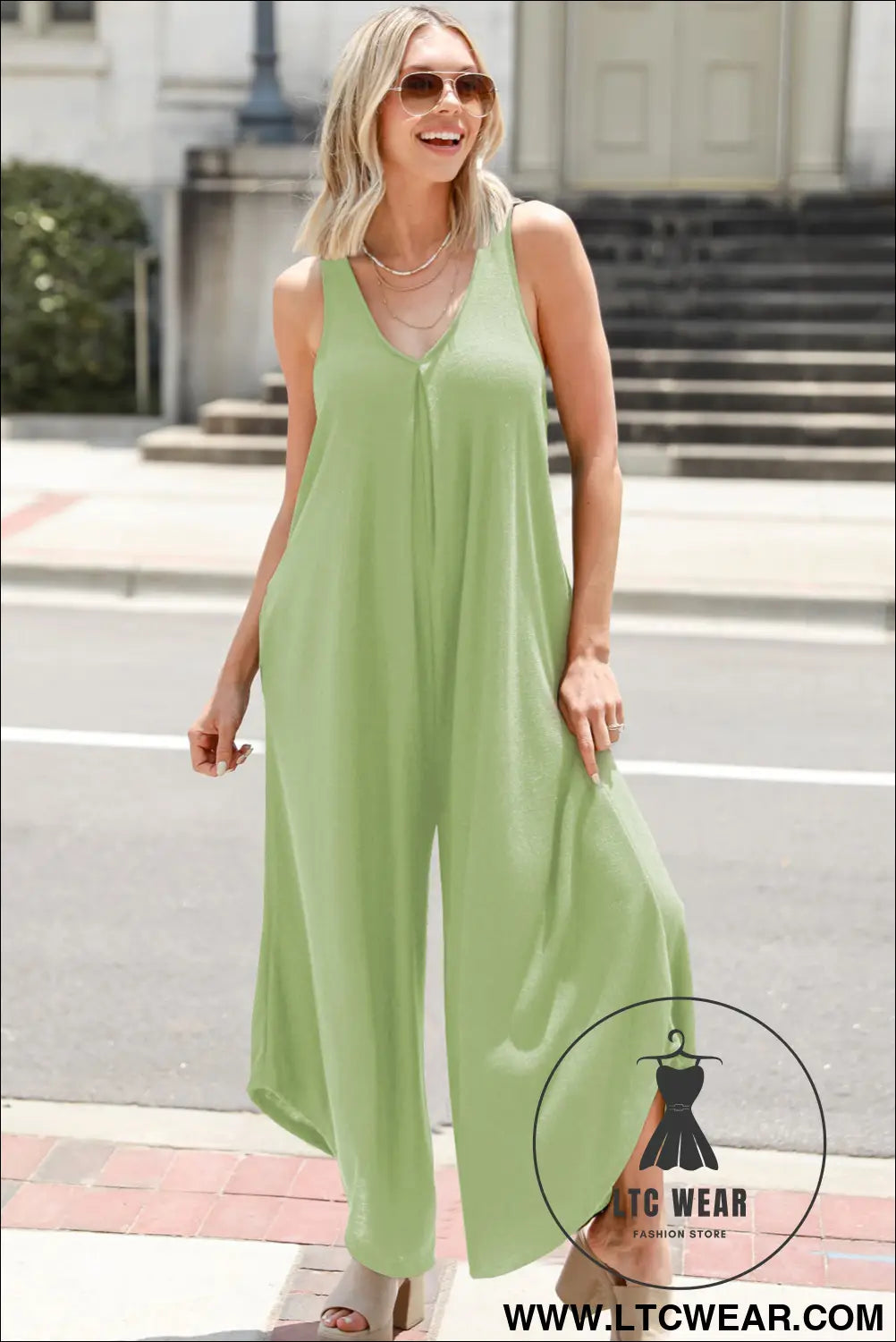 Grass green sleeveless v neck pocketed wide leg jumpsuit - jumpsuits & rompers