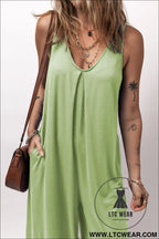 Grass green sleeveless v neck pocketed wide leg jumpsuit - jumpsuits & rompers