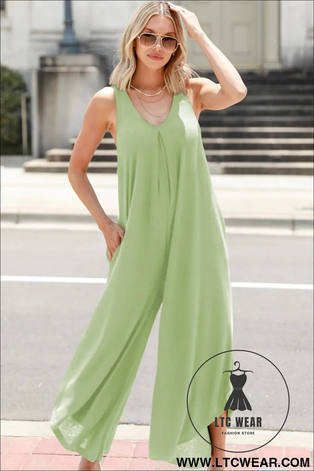 Grass green sleeveless v neck pocketed wide leg jumpsuit - jumpsuits & rompers