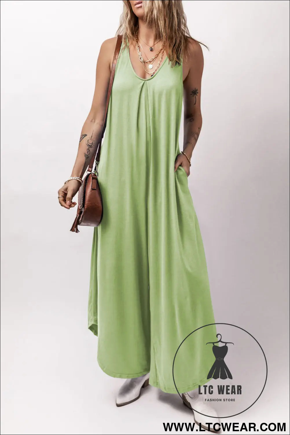 Grass green sleeveless v neck pocketed wide leg jumpsuit - jumpsuits & rompers
