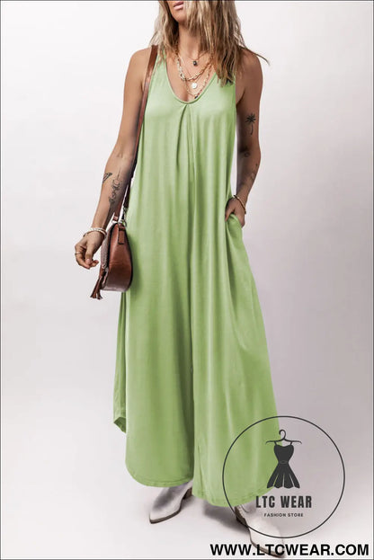 Grass green sleeveless v neck pocketed wide leg jumpsuit - jumpsuits & rompers