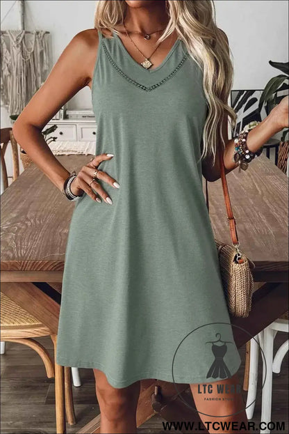 Grass Green Solid Color Lace Detail V Neck Sleeveless Shift Mini Dress