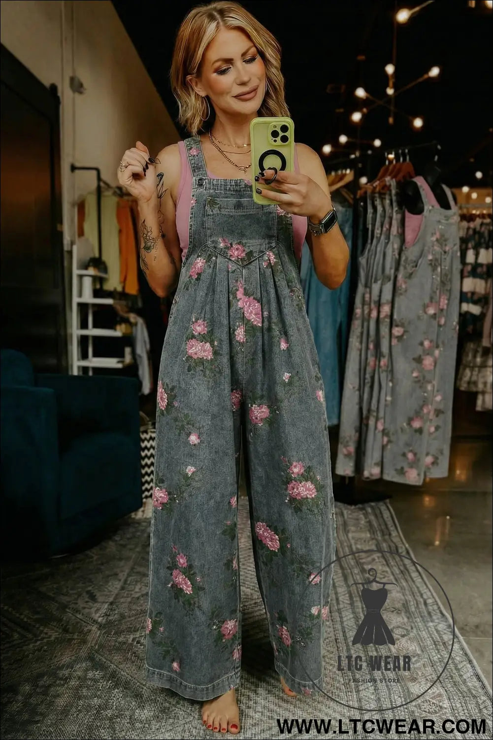 Gray beau floral print pleated high waist wide leg denim jumpsuit - jumpsuits & rompers