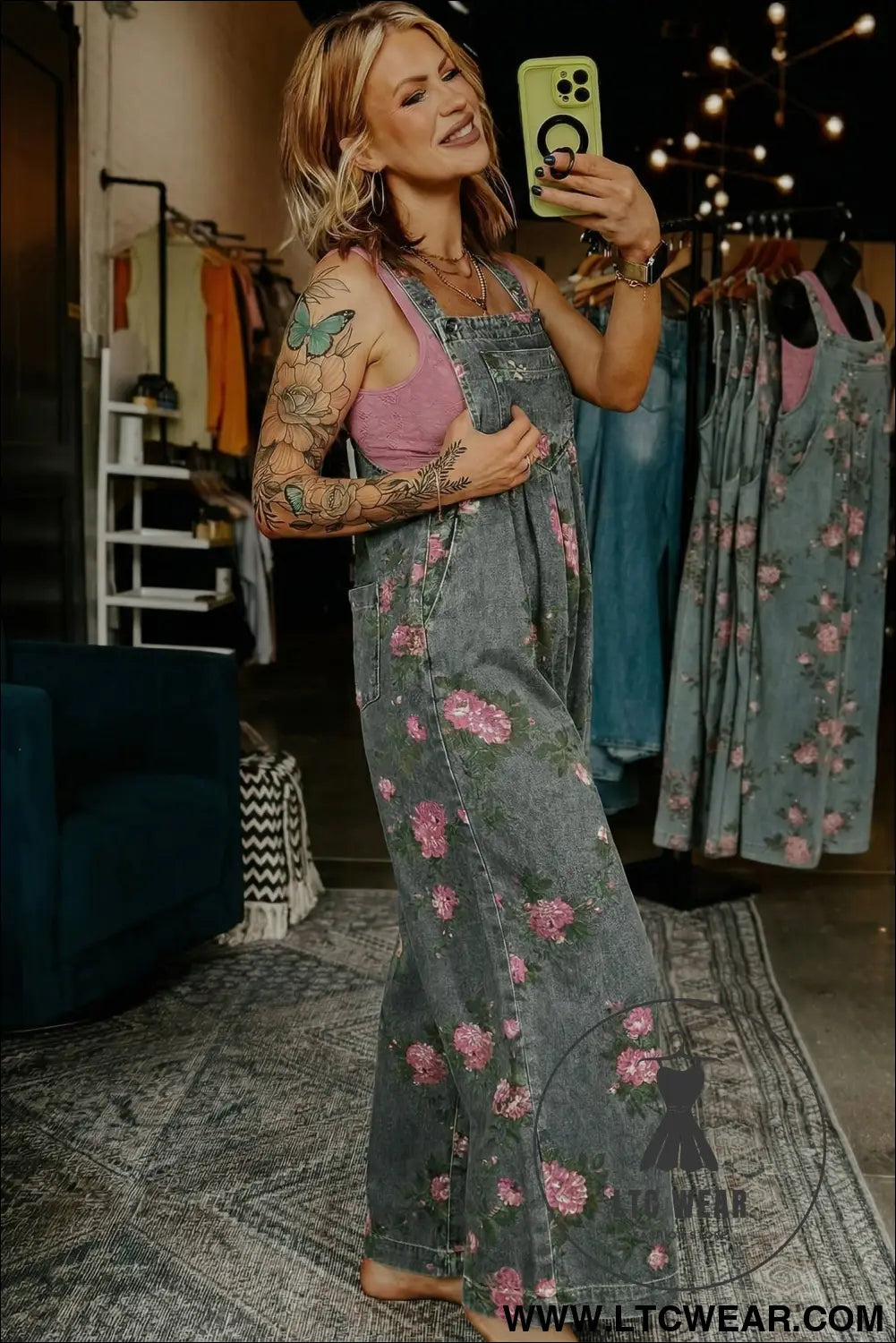 Gray beau floral print pleated high waist wide leg denim jumpsuit - jumpsuits & rompers