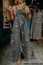 Gray beau floral print pleated high waist wide leg denim jumpsuit - gray / l / 50% polyester + 50% cotton - jumpsuits &