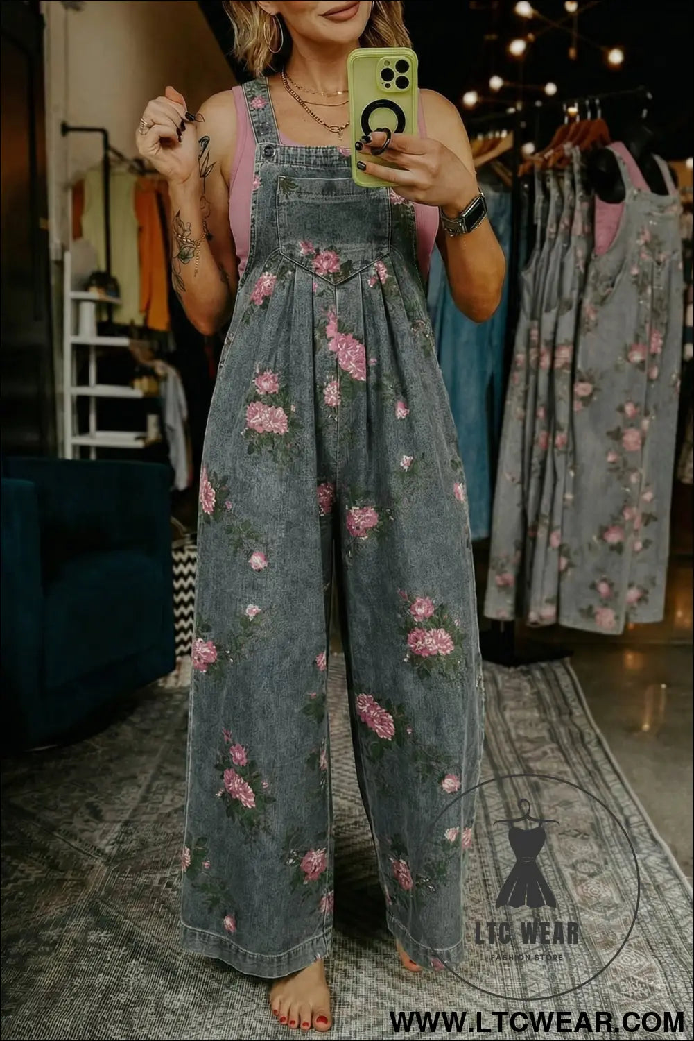Gray beau floral print pleated high waist wide leg denim jumpsuit - gray / l / 50% polyester + 50% cotton - jumpsuits &