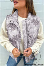 Gray camo leaf print winter puffer vest - gray / l / shell:100% polyester + lining:100% polyester + filling:100%