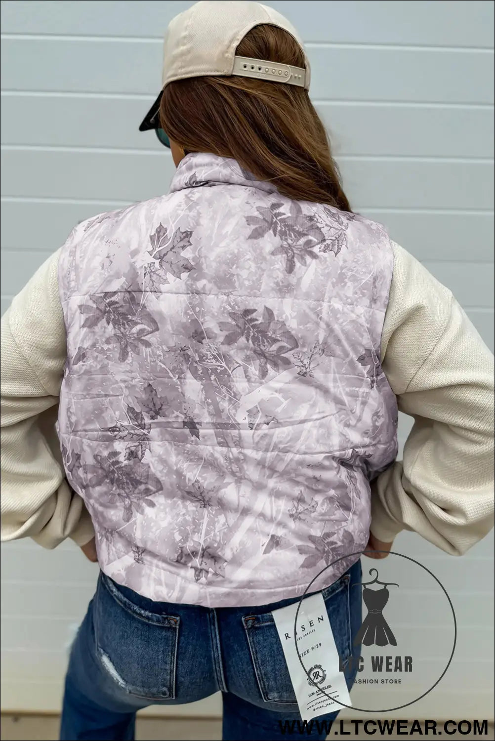 Gray camo leaf print winter puffer vest - vests