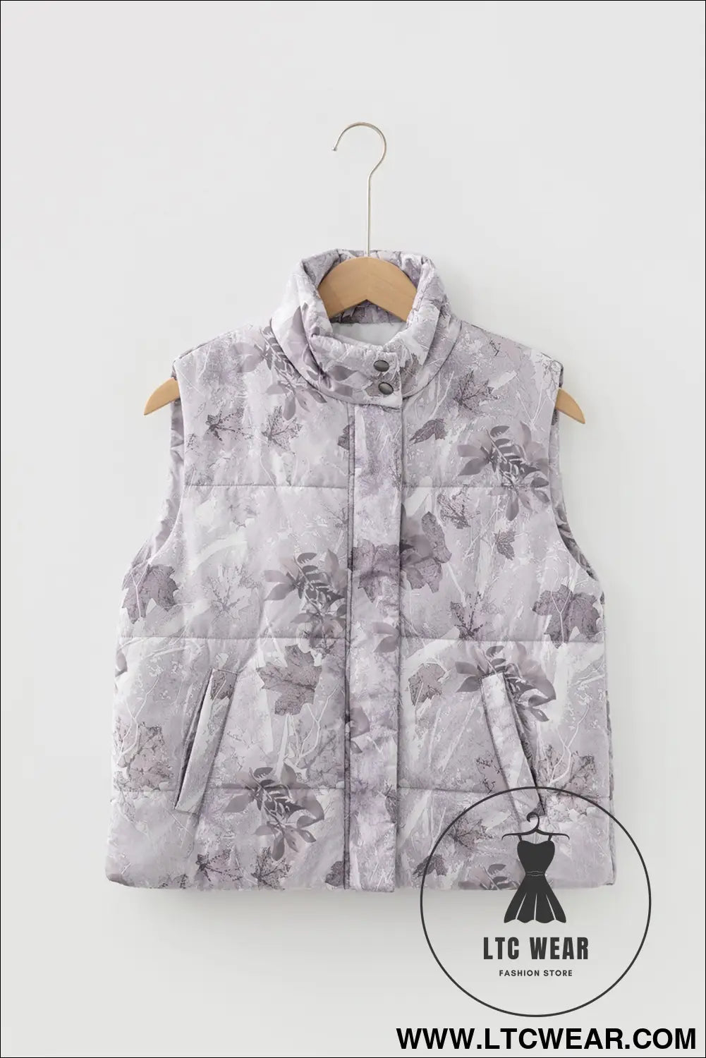 Gray camo leaf print winter puffer vest - vests