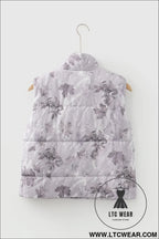 Gray camo leaf print winter puffer vest - vests