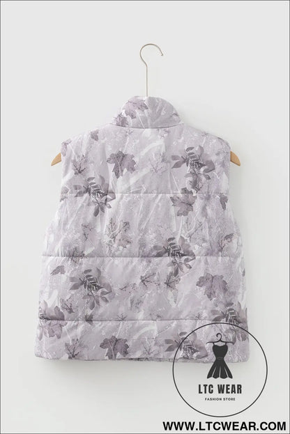 Gray camo leaf print winter puffer vest - vests