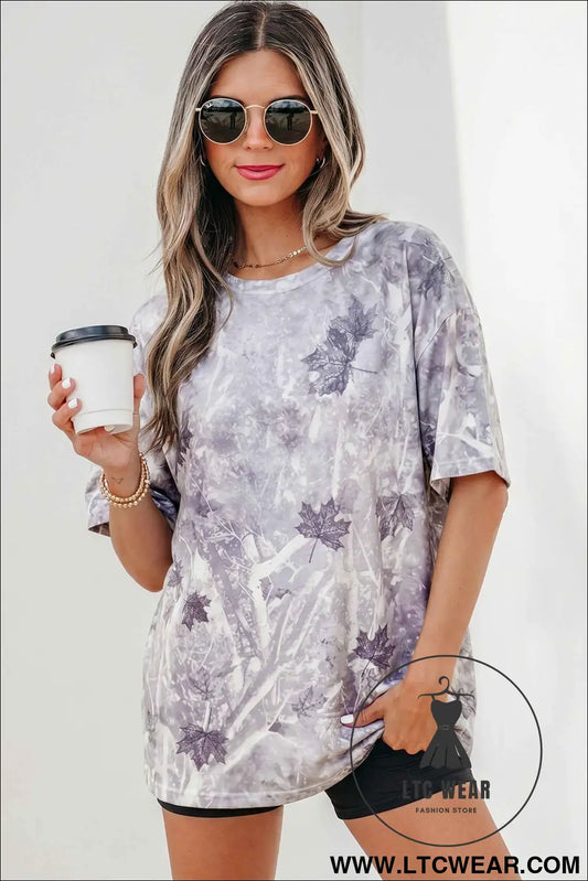 Gray Camouflage Woodland Print Drop Shoulder Tunic Tee