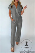 Gray half zip polo tee casual pant set - gray / l / 50% polyester + 45% viscose + 5% elastane - pant sets