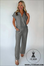 Gray half zip polo tee casual pant set - pant sets