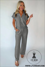 Gray half zip polo tee casual pant set - pant sets