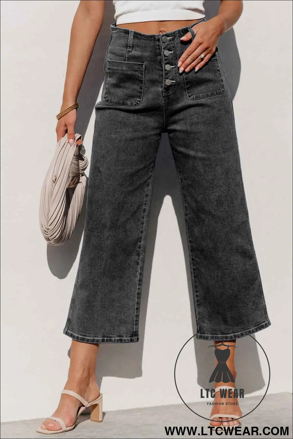 Gray High Waist Button Front Wide Leg Cropped Jeans