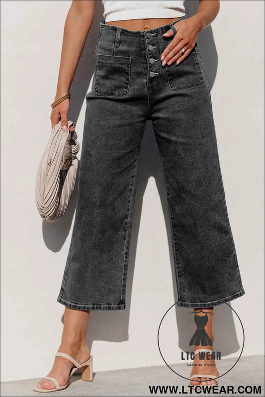 Gray High Waist Button Front Wide Leg Cropped Jeans