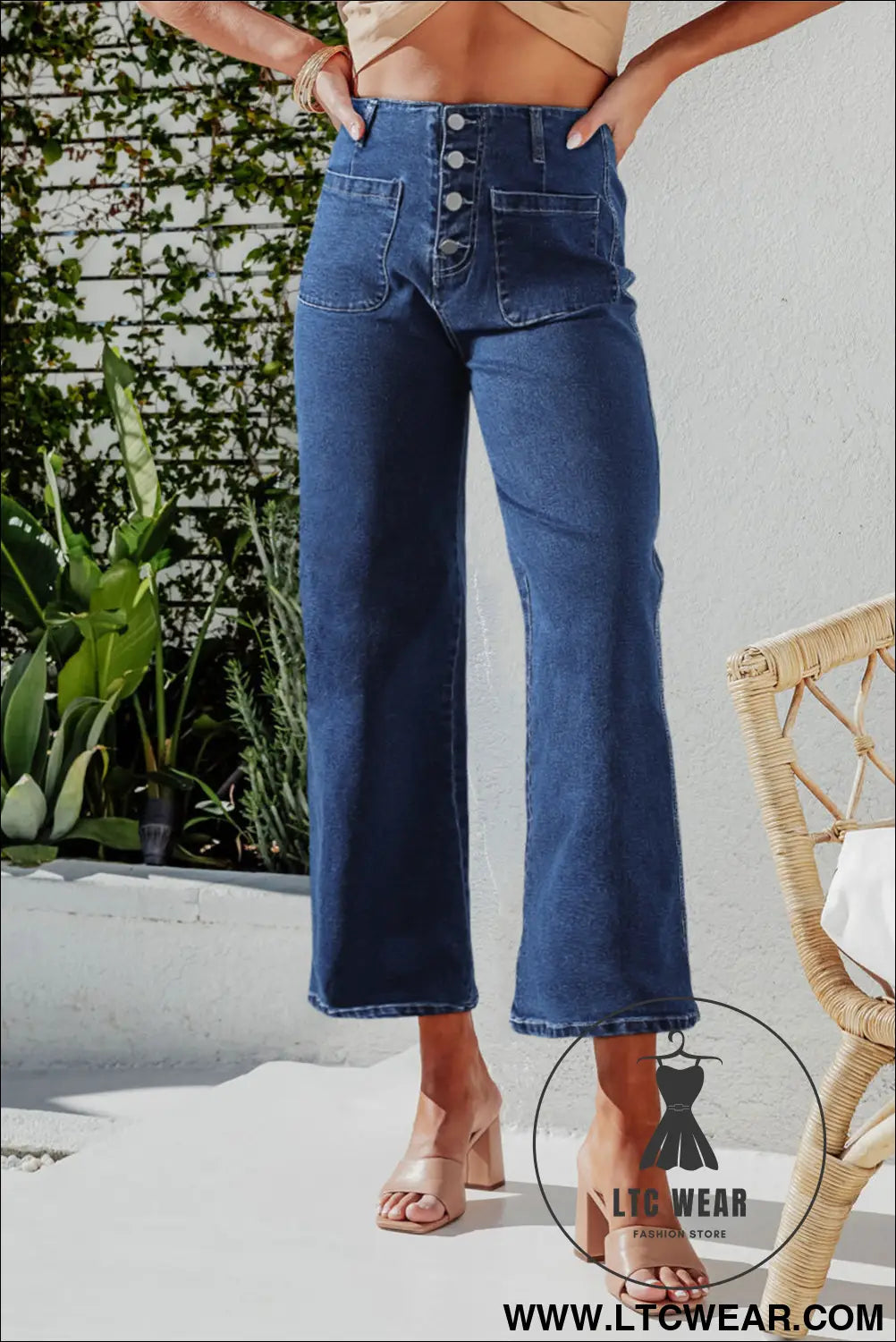 Gray High Waist Button Front Wide Leg Cropped Jeans - L.T.C Wear Online Fashion Store