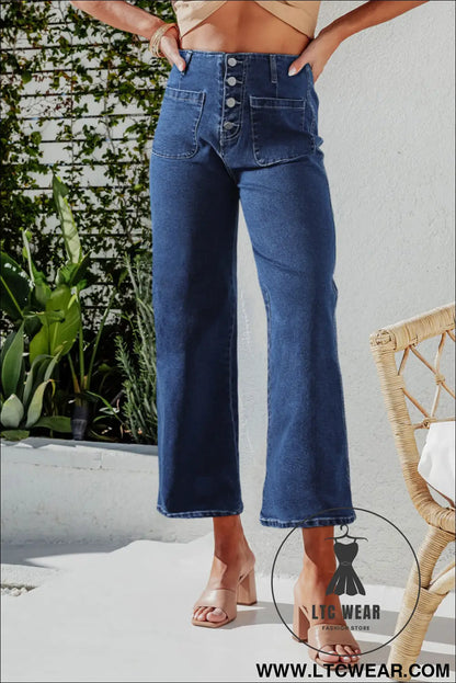 Gray High Waist Button Front Wide Leg Cropped Jeans - L.T.C Wear Online Fashion Store