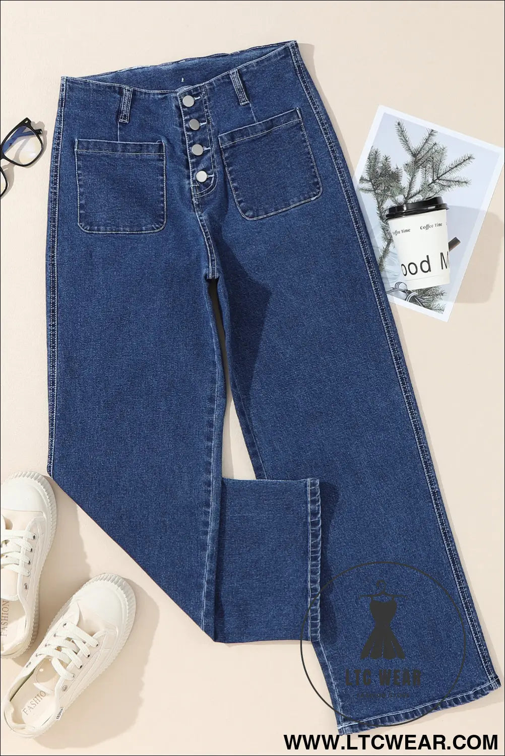 Gray High Waist Button Front Wide Leg Cropped Jeans - L.T.C Wear Online Fashion Store
