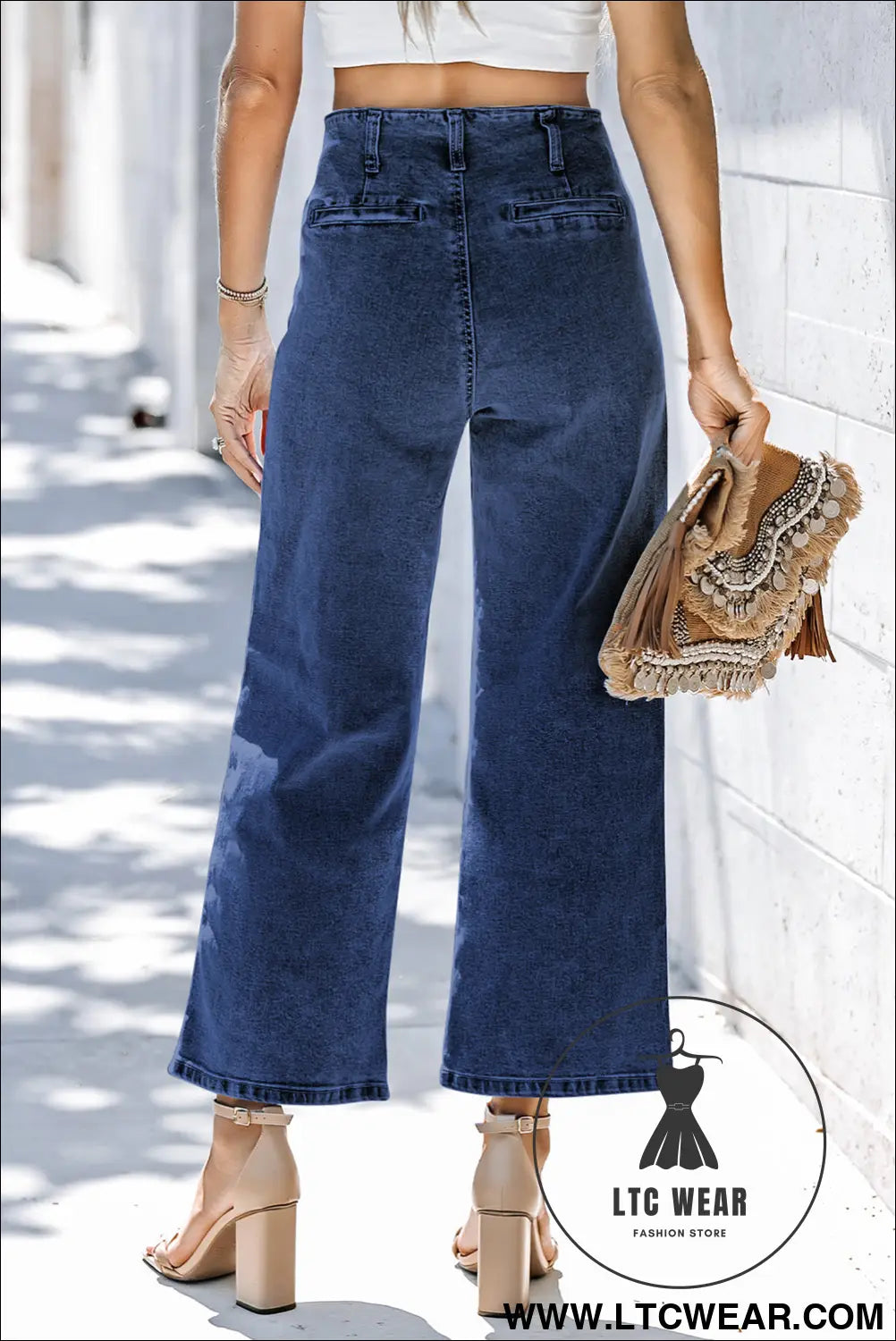 Gray High Waist Button Front Wide Leg Cropped Jeans - L.T.C Wear Online Fashion Store
