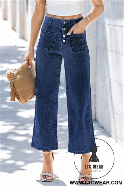 Gray High Waist Button Front Wide Leg Cropped Jeans - L.T.C Wear Online Fashion Store