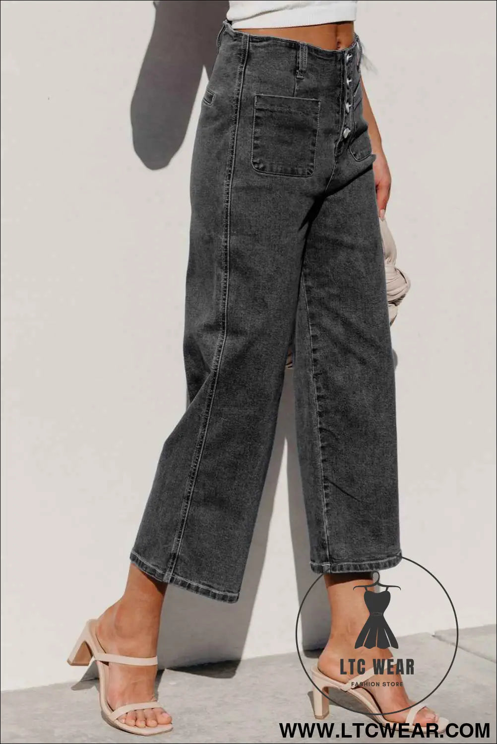 Gray High Waist Button Front Wide Leg Cropped Jeans