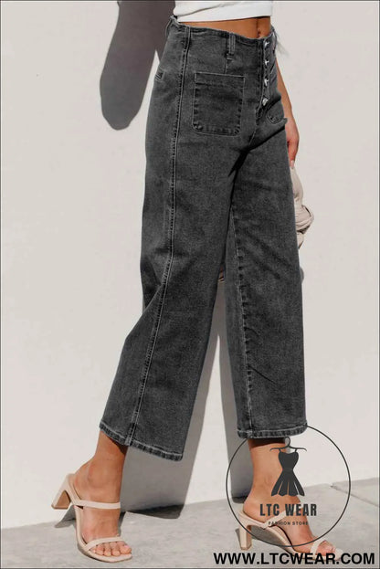 Gray High Waist Button Front Wide Leg Cropped Jeans
