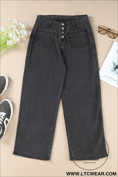 Gray High Waist Button Front Wide Leg Cropped Jeans - L.T.C Wear Online Fashion Store