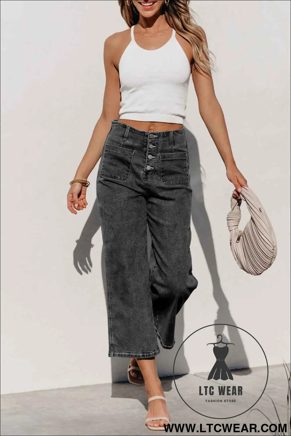 Gray High Waist Button Front Wide Leg Cropped Jeans