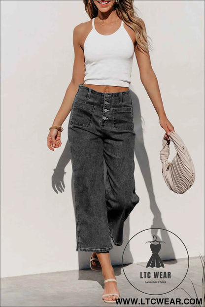 Gray High Waist Button Front Wide Leg Cropped Jeans
