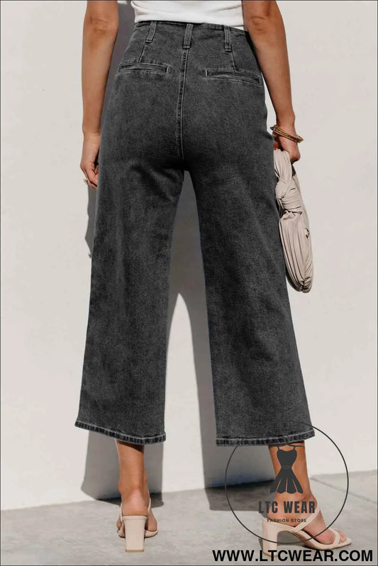 Gray High Waist Button Front Wide Leg Cropped Jeans