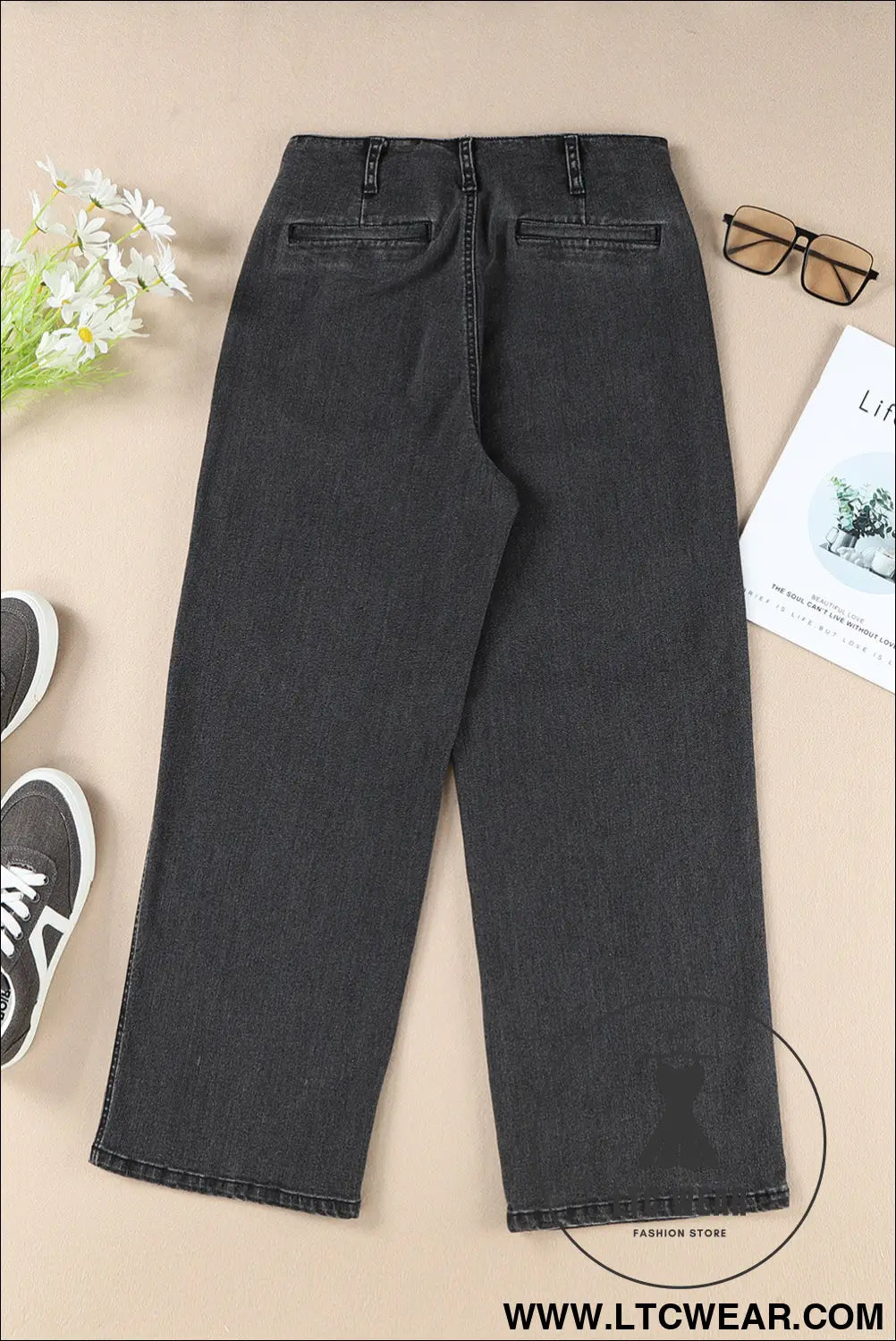 Gray High Waist Button Front Wide Leg Cropped Jeans - L.T.C Wear Online Fashion Store