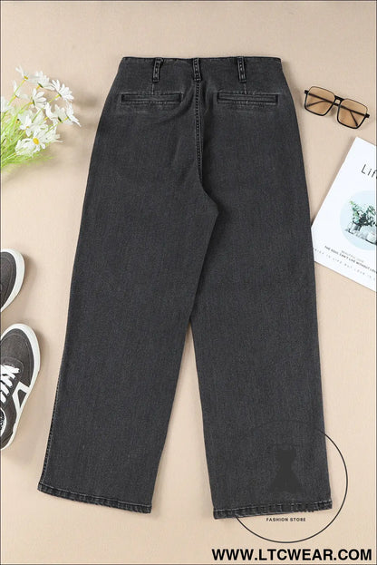 Gray High Waist Button Front Wide Leg Cropped Jeans - L.T.C Wear Online Fashion Store
