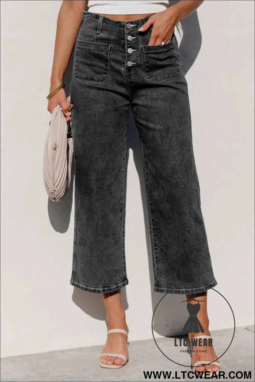 Gray High Waist Button Front Wide Leg Cropped Jeans
