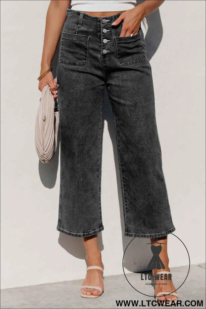 Gray High Waist Button Front Wide Leg Cropped Jeans