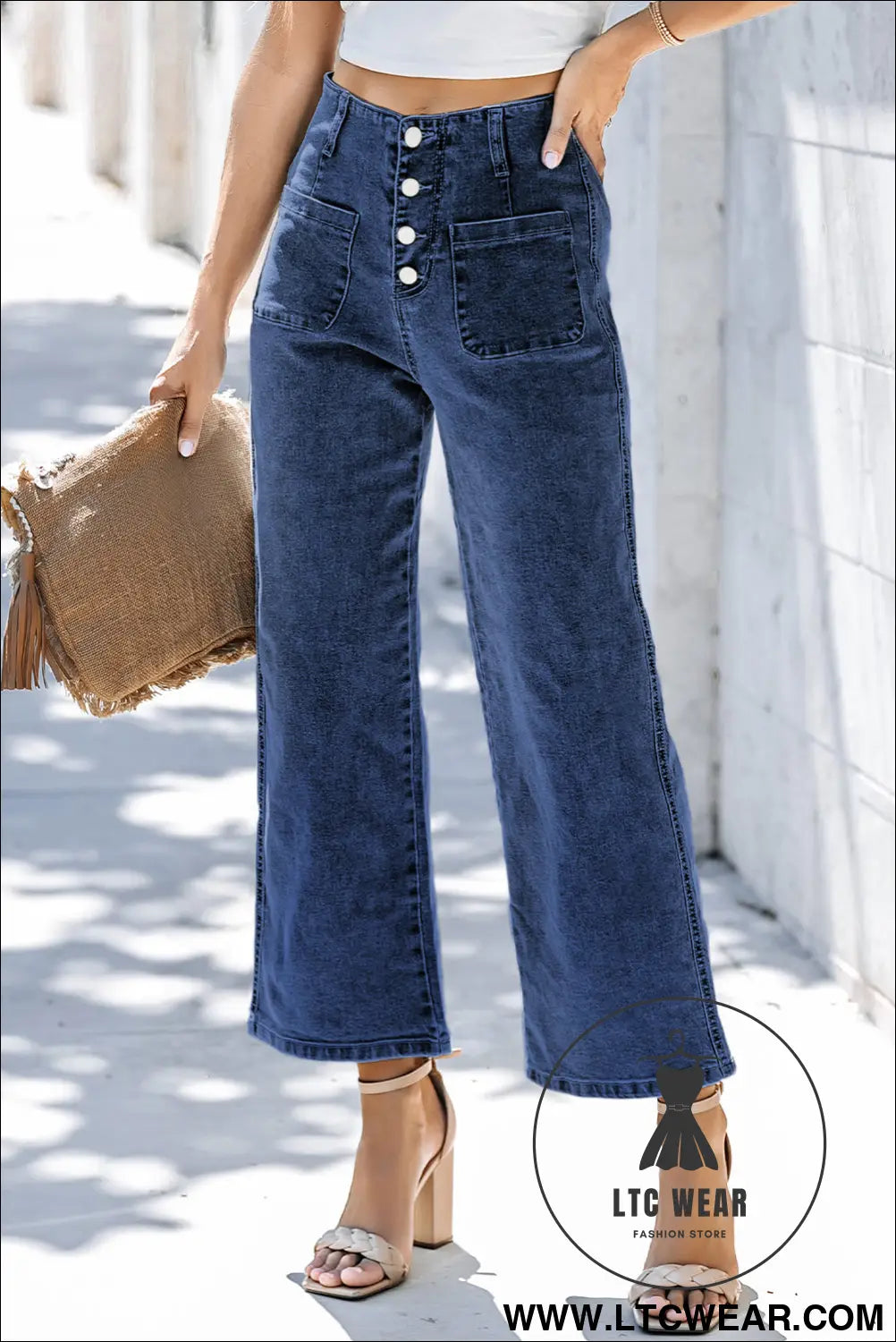Gray High Waist Button Front Wide Leg Cropped Jeans - L.T.C Wear Online Fashion Store