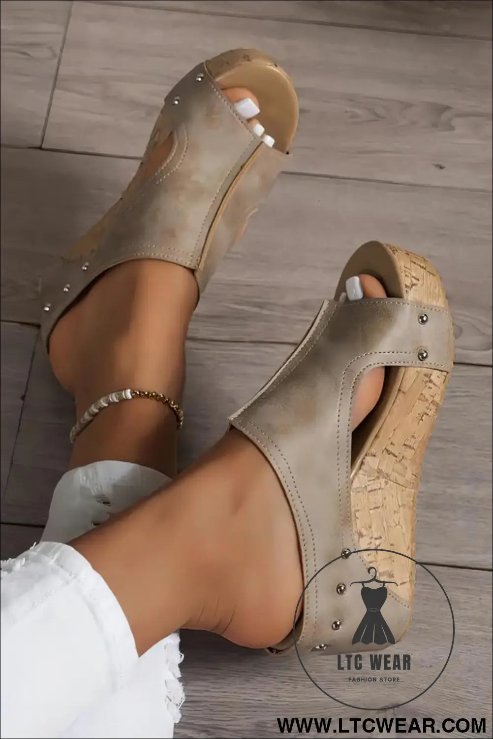 Gray hollow out studded pu leather wedge slides shoes - slippers