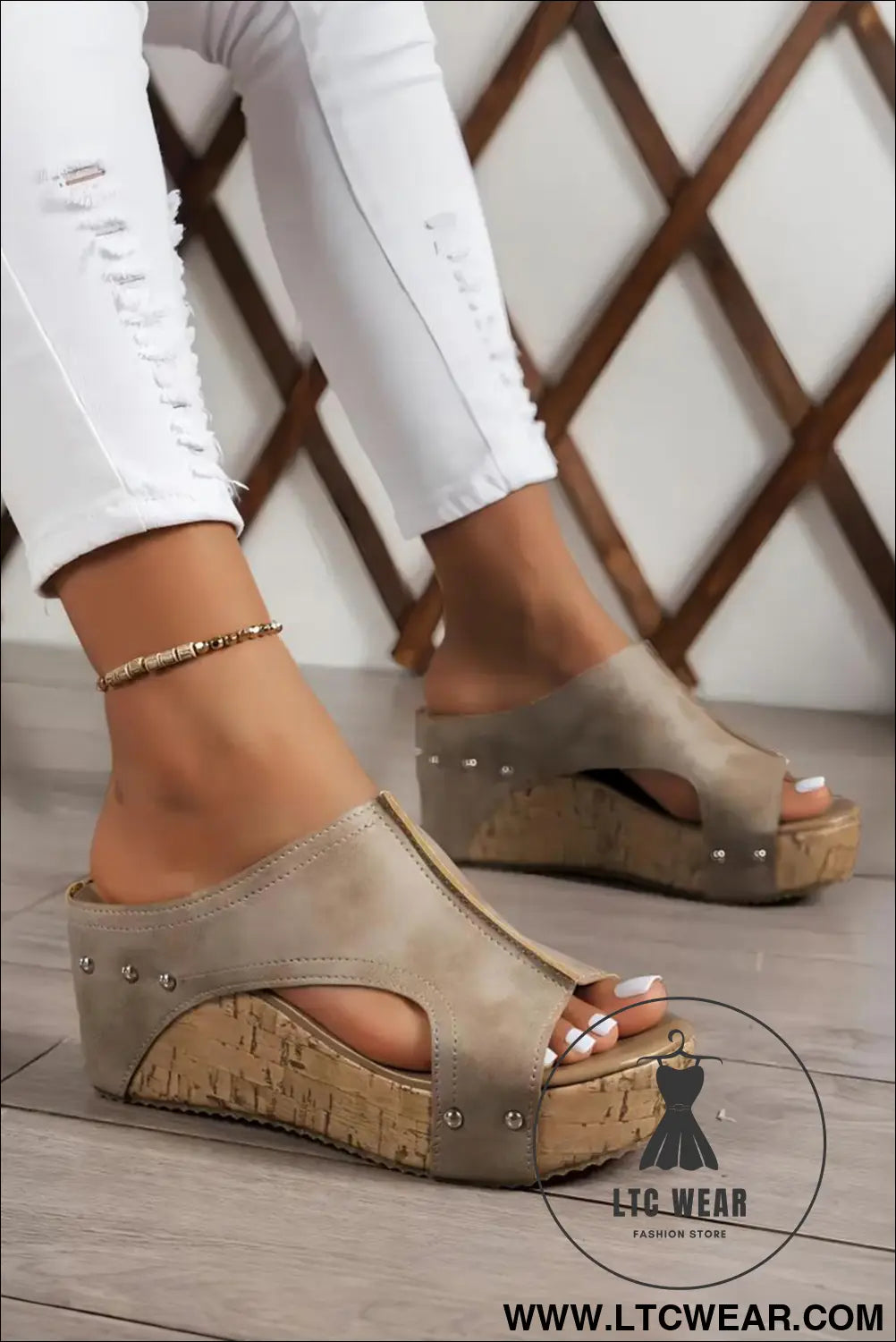Gray hollow out studded pu leather wedge slides shoes - slippers