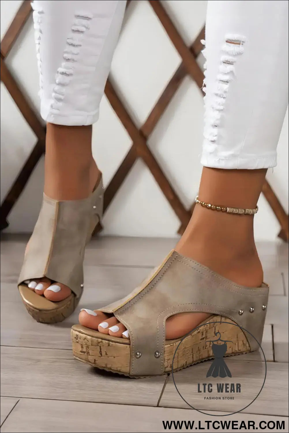 Gray hollow out studded pu leather wedge slides shoes - slippers
