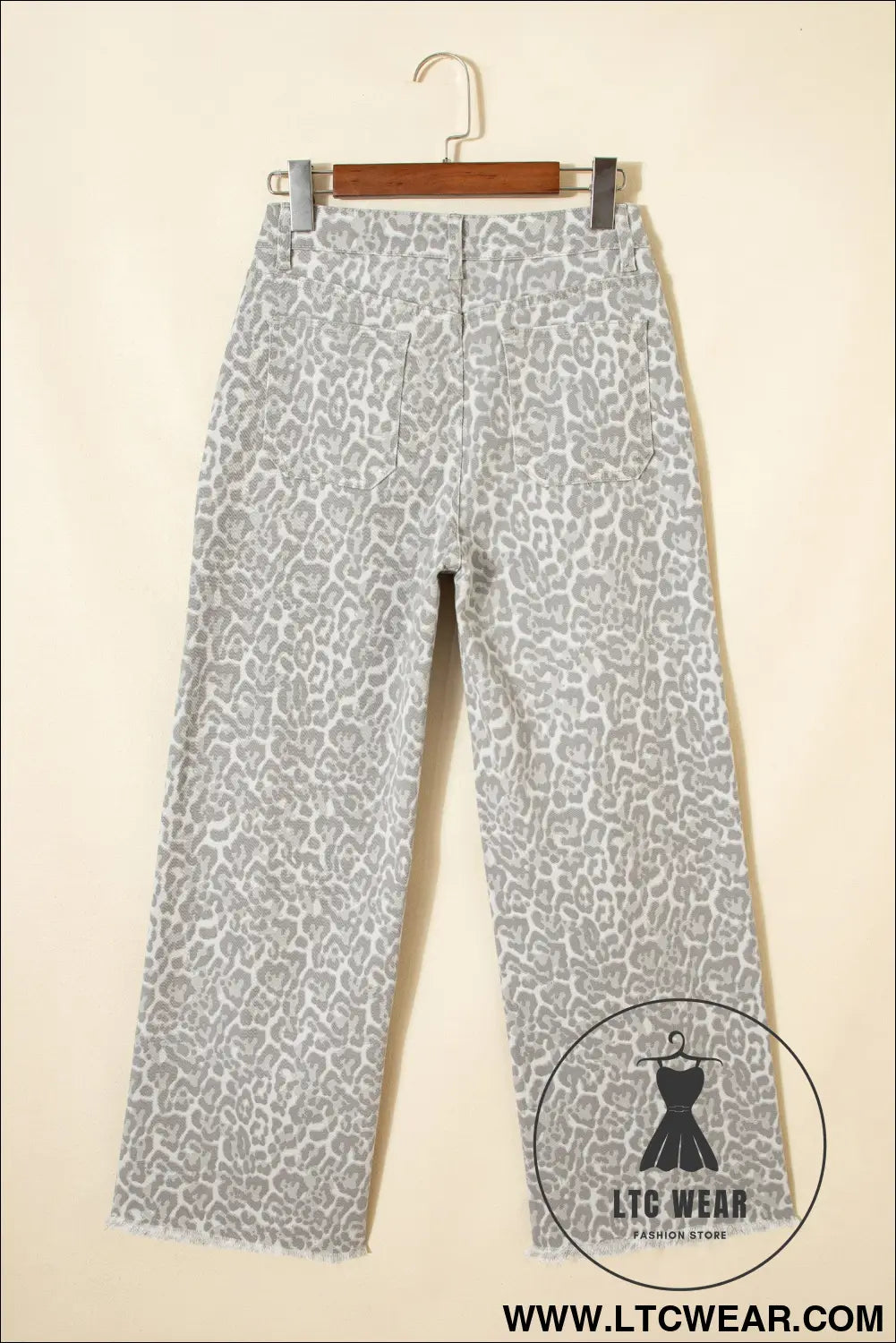 Gray leopard frayed edge wide leg high waist jeans - jeans