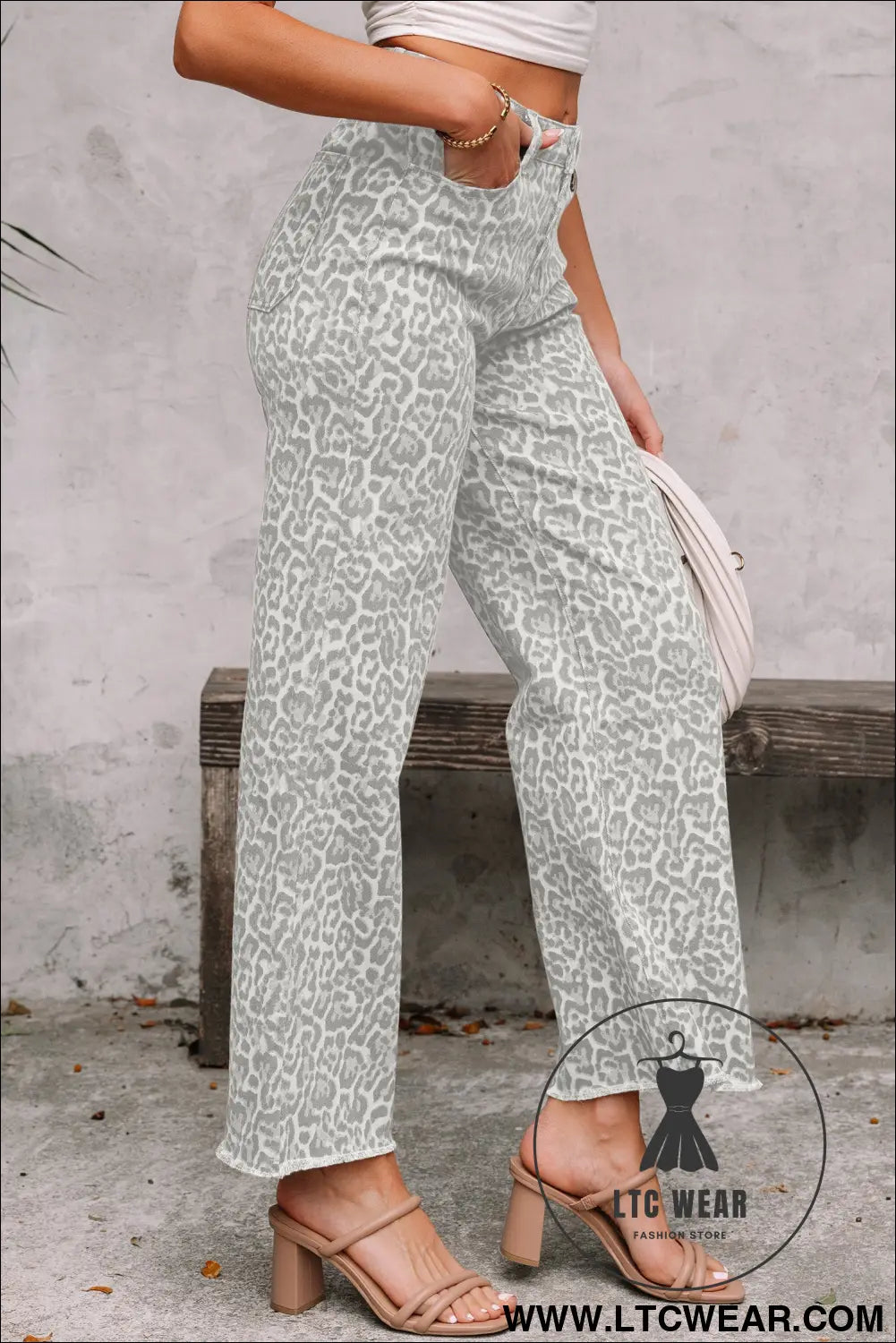 Gray leopard frayed edge wide leg high waist jeans - jeans