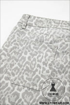 Gray leopard frayed edge wide leg high waist jeans - jeans