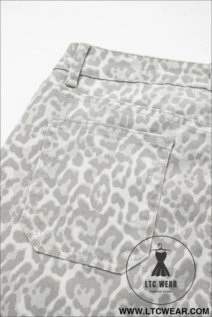 Gray leopard frayed edge wide leg high waist jeans - jeans