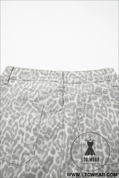 Gray leopard frayed edge wide leg high waist jeans - jeans
