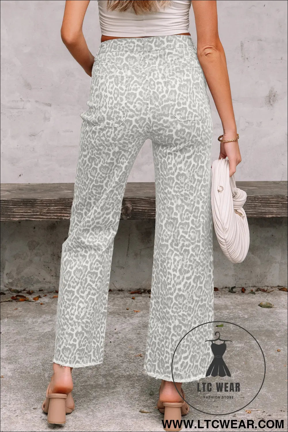 Gray leopard frayed edge wide leg high waist jeans - jeans