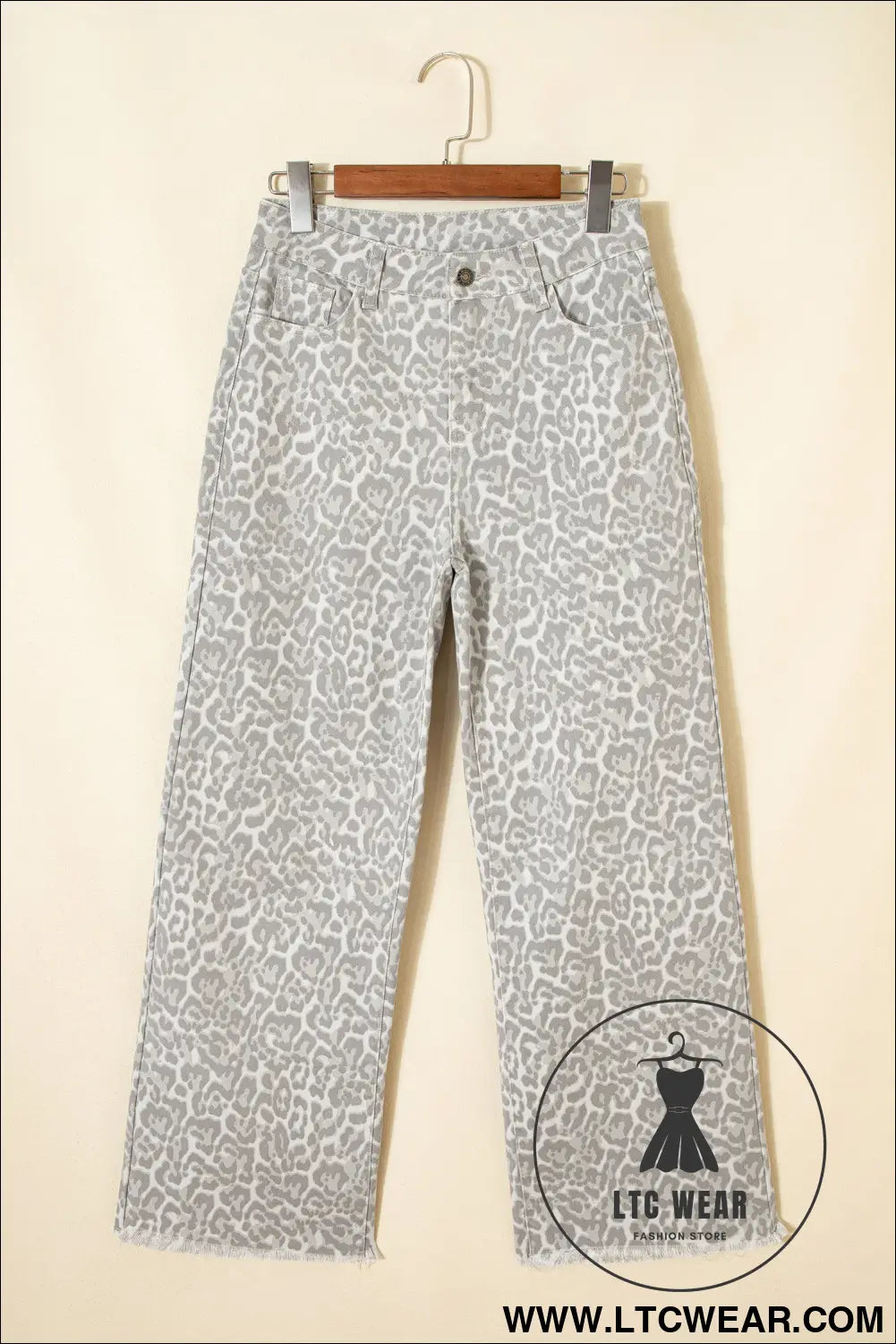 Gray leopard frayed edge wide leg high waist jeans - jeans