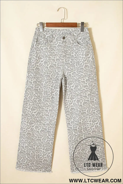 Gray leopard frayed edge wide leg high waist jeans - jeans