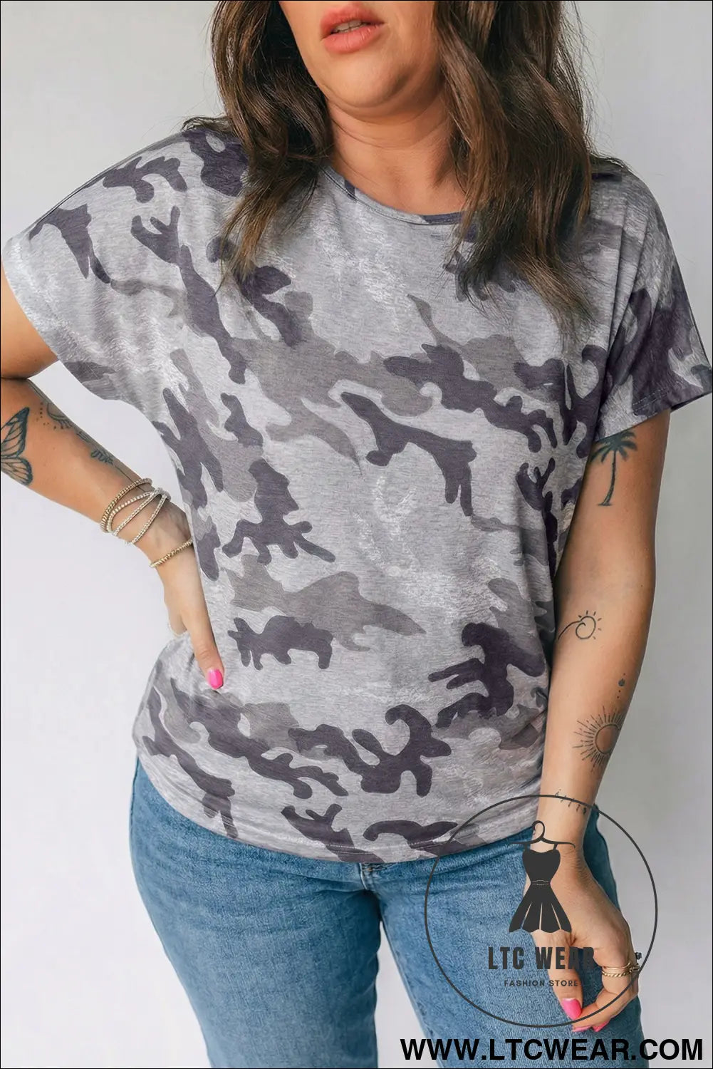 Gray plus size camo print casual t shirt - gray / 1x / 95% polyester + 5% elastane - plus size tops & tees